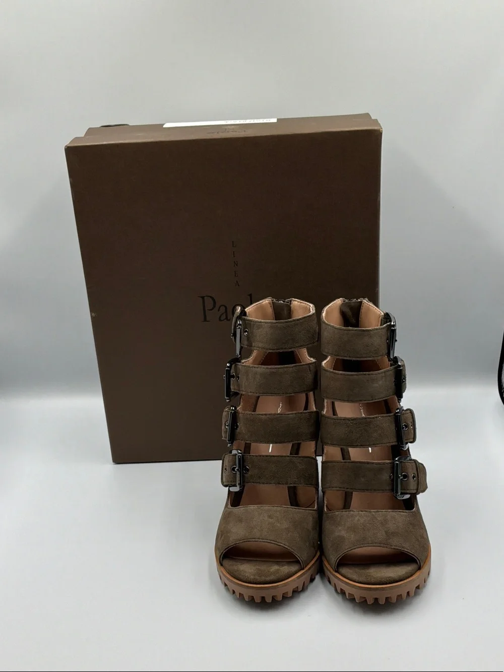 Linea Paolo Taupe Suede Multi-Strap Buckle Wedge Sandals